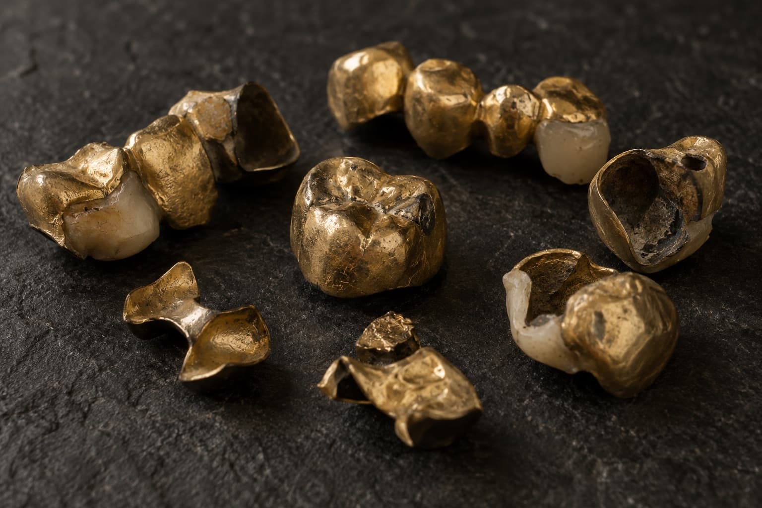 Zahngold: Goldkronen, Brücken und Inlays mit Zahn- und Keramikresten